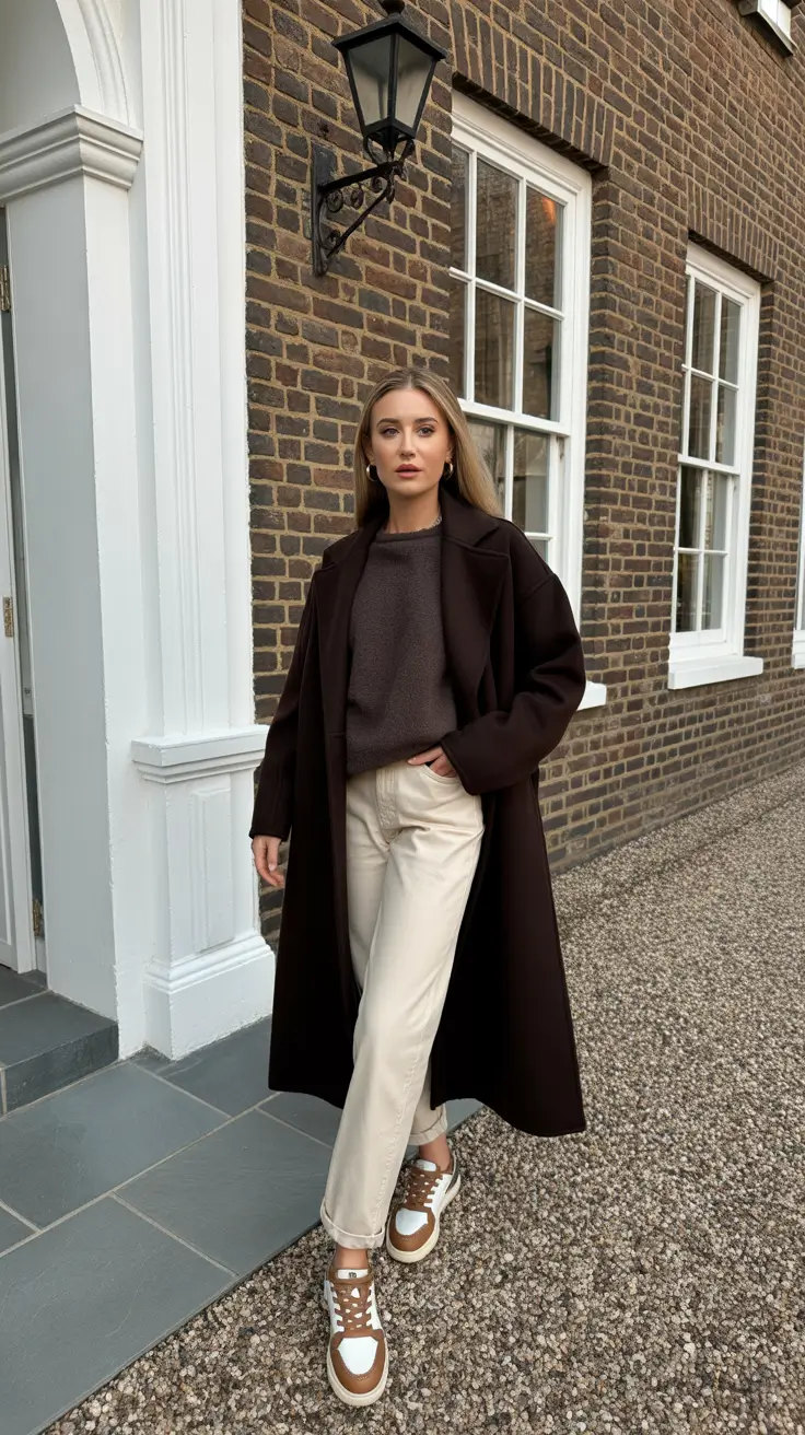 Stylish outfit ideas 2026 - Chocolate Coat With Cream Denim And Sneakers