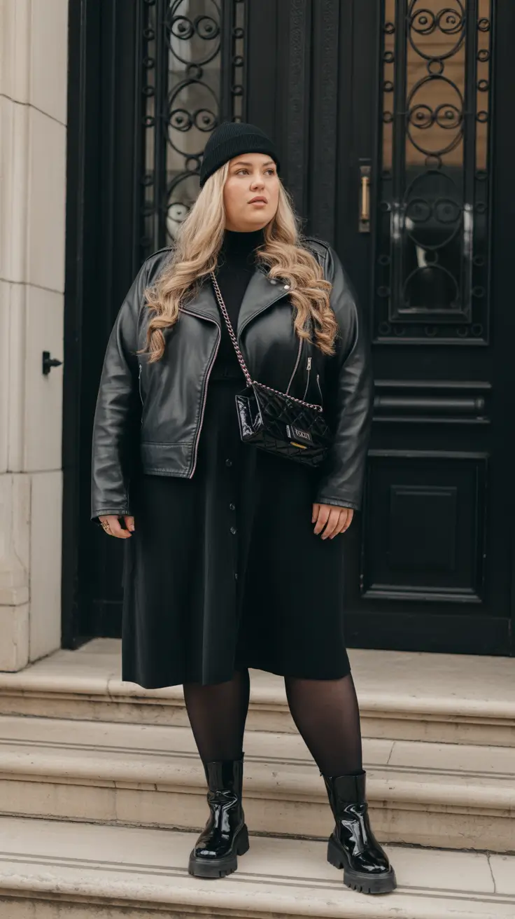 outfits for Plus-size women ideas 2026 + Urban Monochrome With Leather And Shine