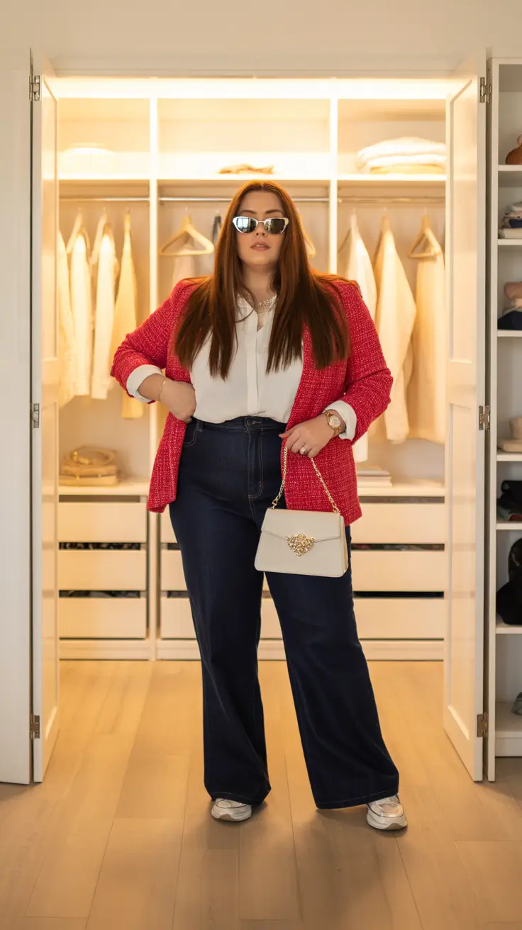 outfits for Plus-size women ideas 2026 - Power Pink Tweed With Dark Denim