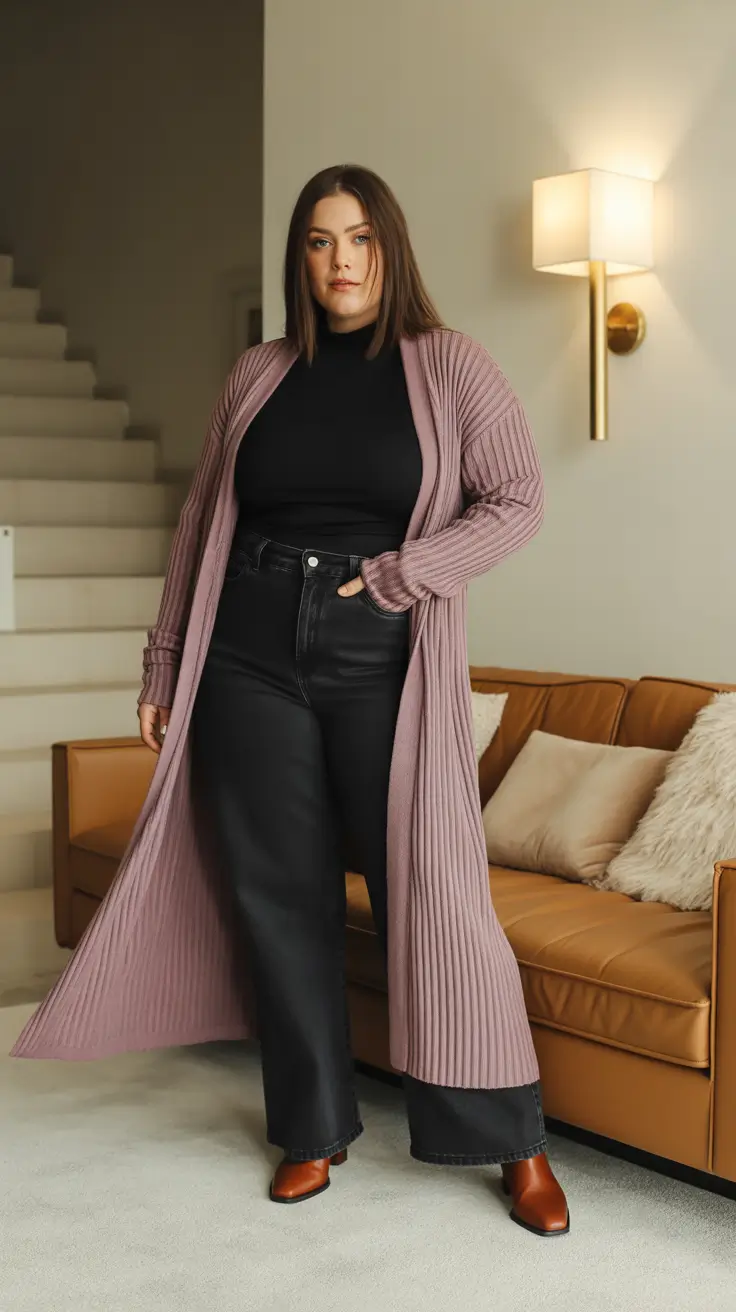 outfits for Plus-size women ideas 2026 + Plum Duster Over An All-Black Base