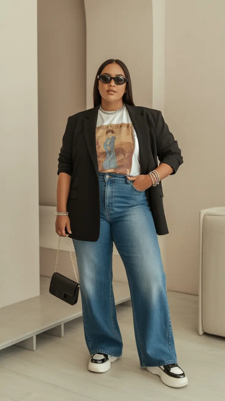 outfits for Plus-size women ideas 2026 + Blazer, Band Tee, Wide Denim - Downtown Smart