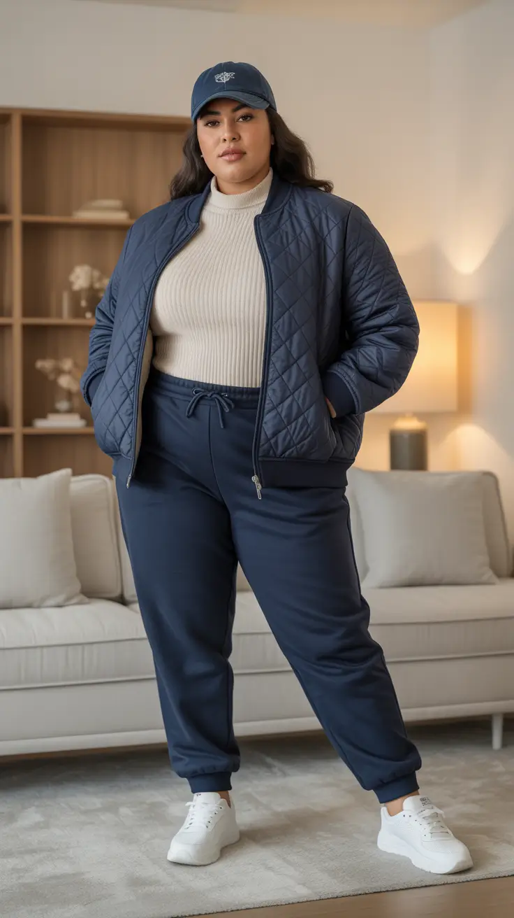outfits for Plus-size women ideas 2026 + Quilted Navy Set With Cream Knit - Sporty Calm