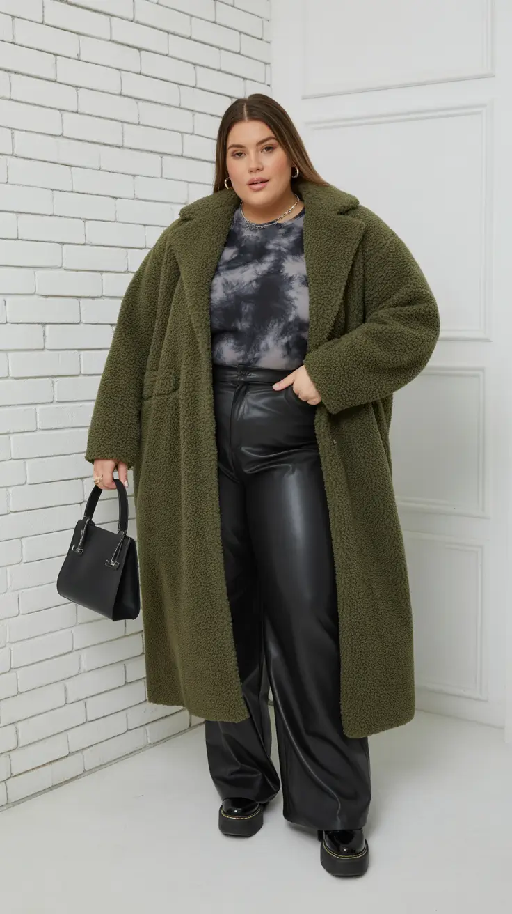 outfits for Plus-size women ideas 2026 - Olive Teddy With Noir Leather Ease