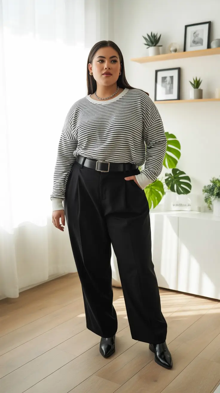 outfits for Plus-size women ideas 2026 - Breton Stripes With Tailored Black Trousers
