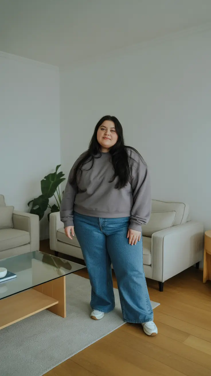 outfits for Plus-size women ideas 2026 - Cloudy Sweatshirt With Relaxed Blue Denim