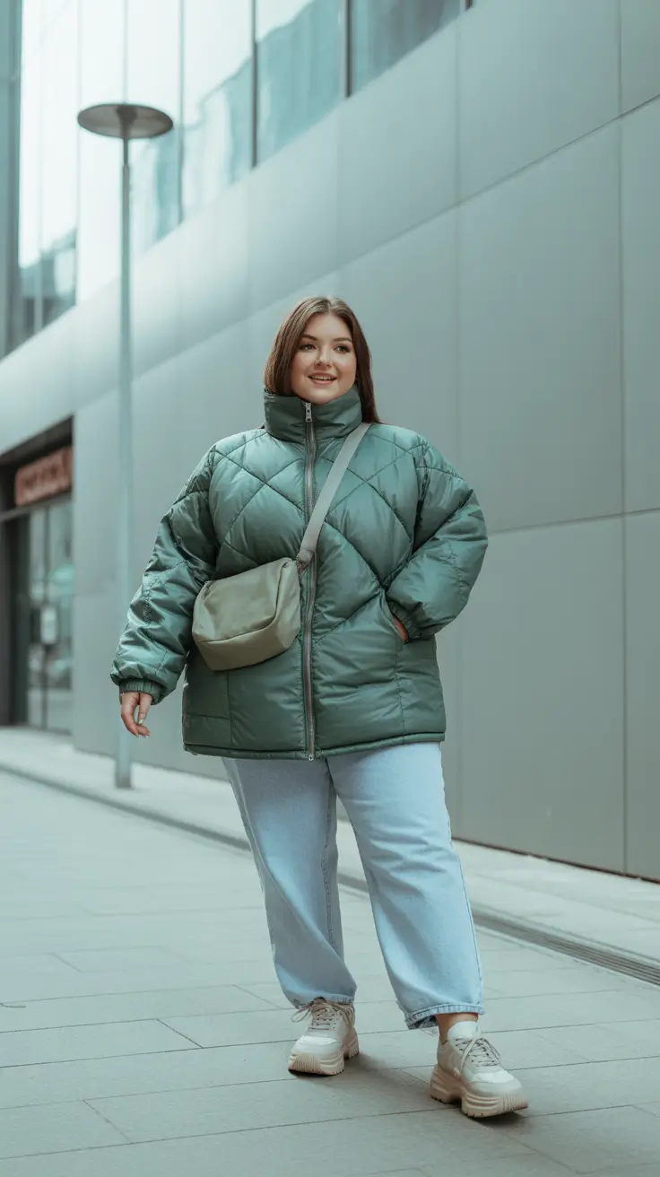 outfits for Plus-size women ideas 2026 - Quilted Sage Puffer and Ice-Wash Jeans
