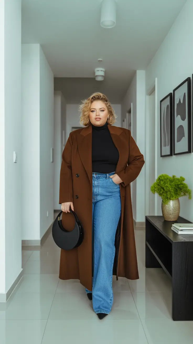 outfits for Plus-size women ideas 2026 + Cinnamon Coat With Denim Balance