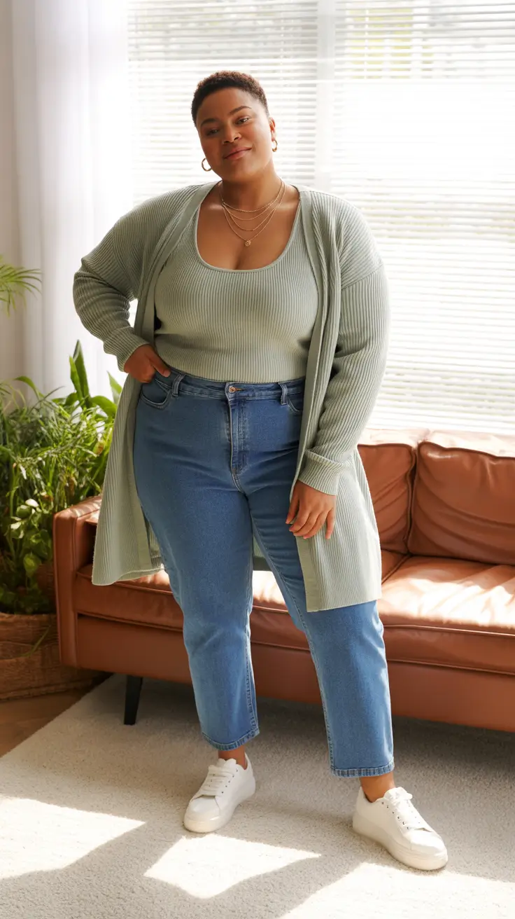 outfits for Plus-size women ideas 2026 + Soft Sage Knit Set With Everyday Denim