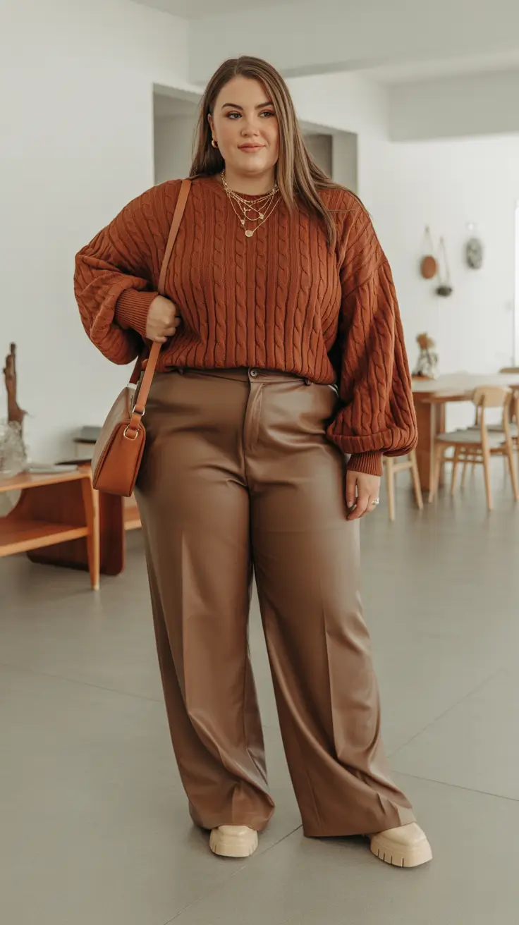 outfits for Plus-size women ideas 2026 - Spice-Toned Knit With Luxe Wide-Leg Trousers