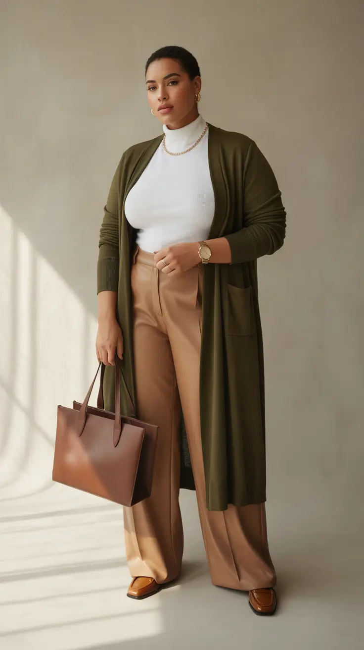 outfits for Plus-size women ideas 2026 - Olive Duster With Clean Work Basics
