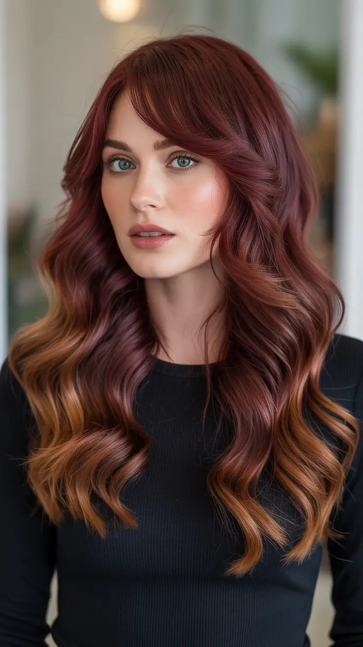 Bold red hair colors 2026 - glossy, high-impact - Auburn Balayage With Dark Copper Ends