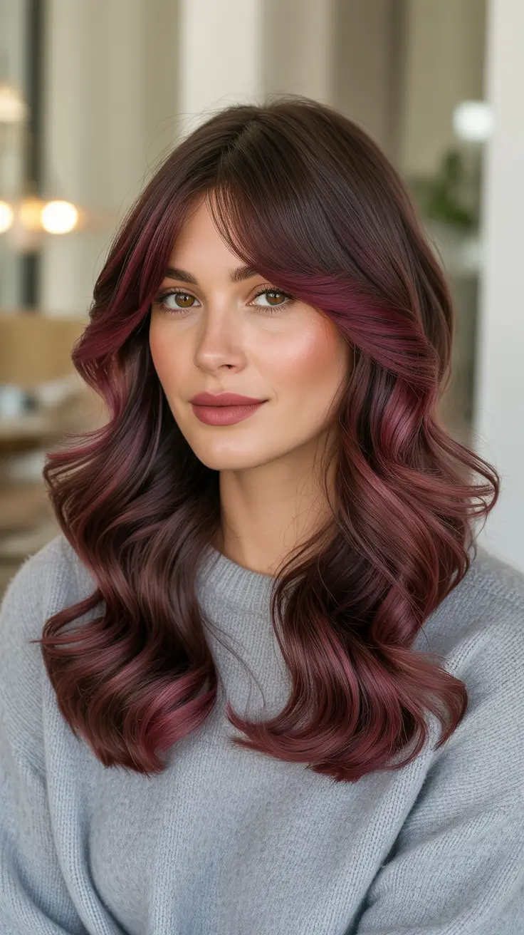 Bold red hair colors 2026 - glossy, high-impact - Raspberry Face-Frame On Dark Brown Waves