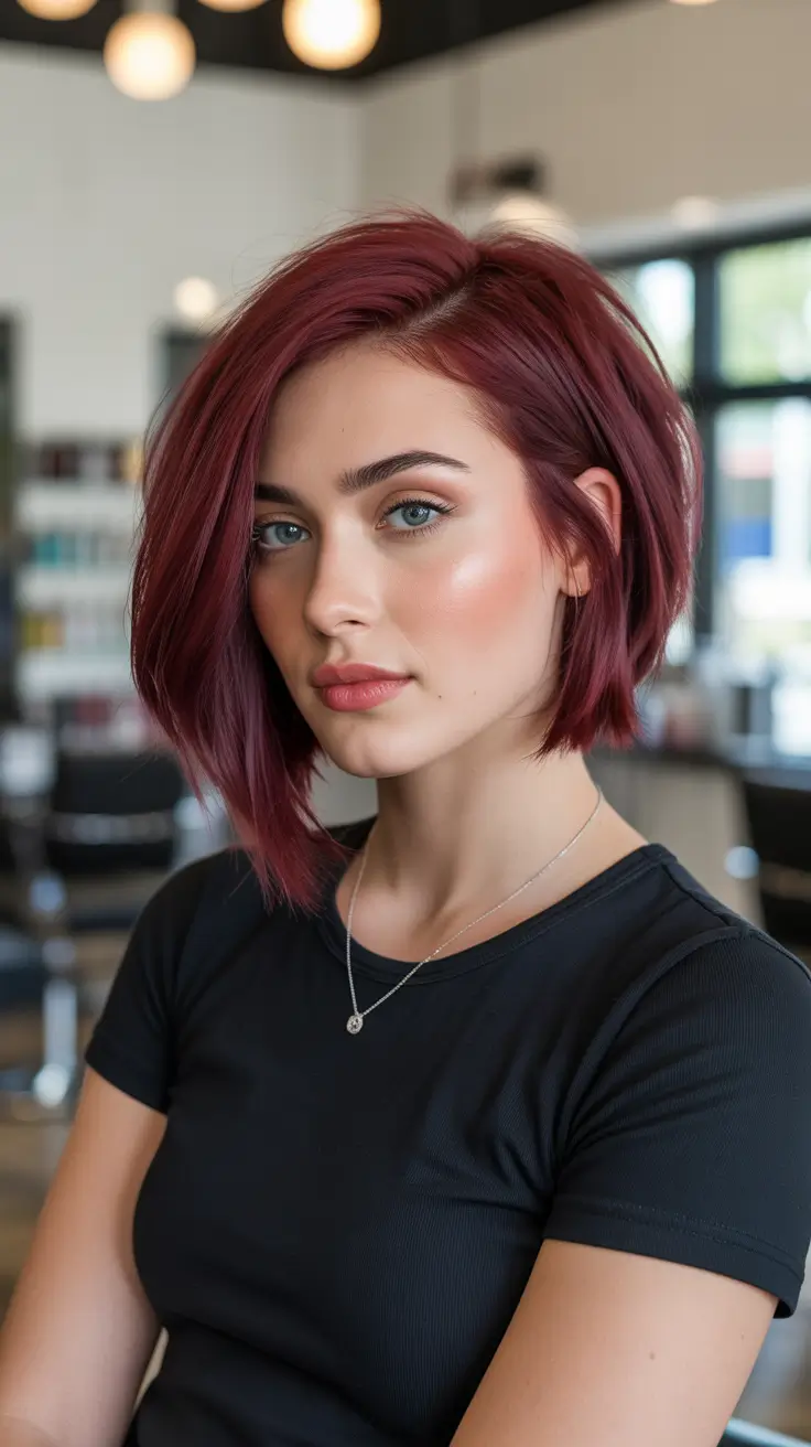 Bold red hair colors 2026 - glossy, high-impact - Plum Angled Bob With Glassy Finish