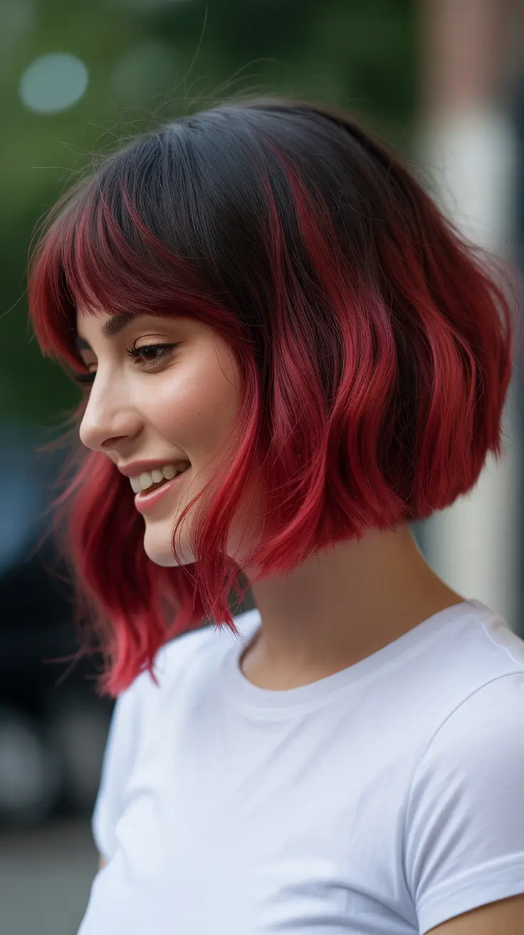 Bold red hair colors 2026 - glossy, high-impact - Dark Fire Bob With Contrast Fringe
