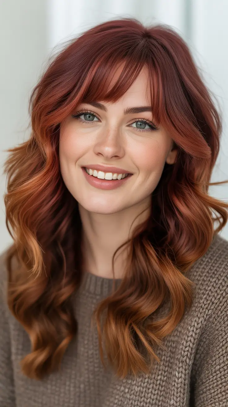 Bold red hair colors 2026 - glossy, high-impact - Cinnamon Balayage With Soft Fringe