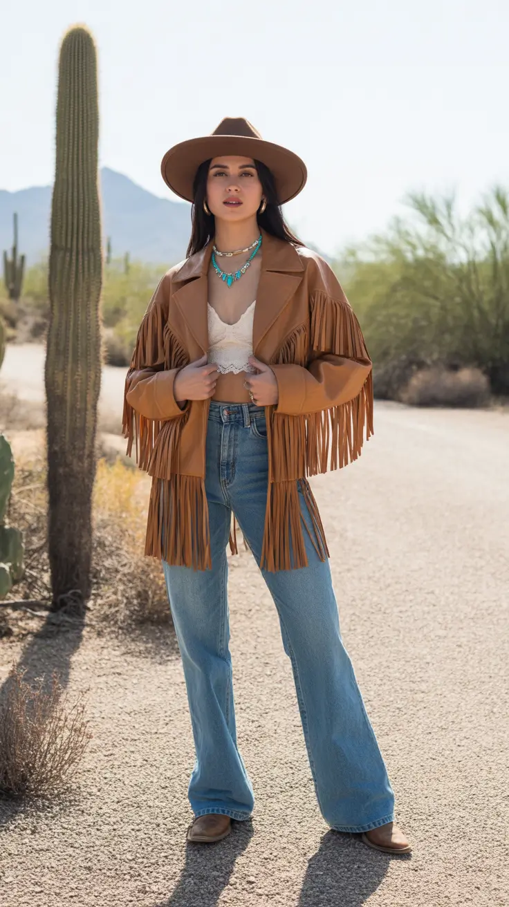 Rodeo Outfits For Women 2026 - Fringe Jacket And Turquoise Jewelry Denim Look