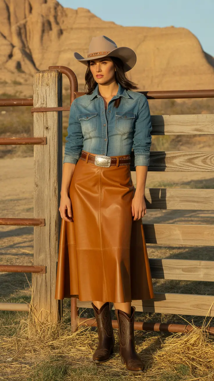 Rodeo Outfits For Women 2026 - Denim Shirt And Leather Skirt Arena Classic
