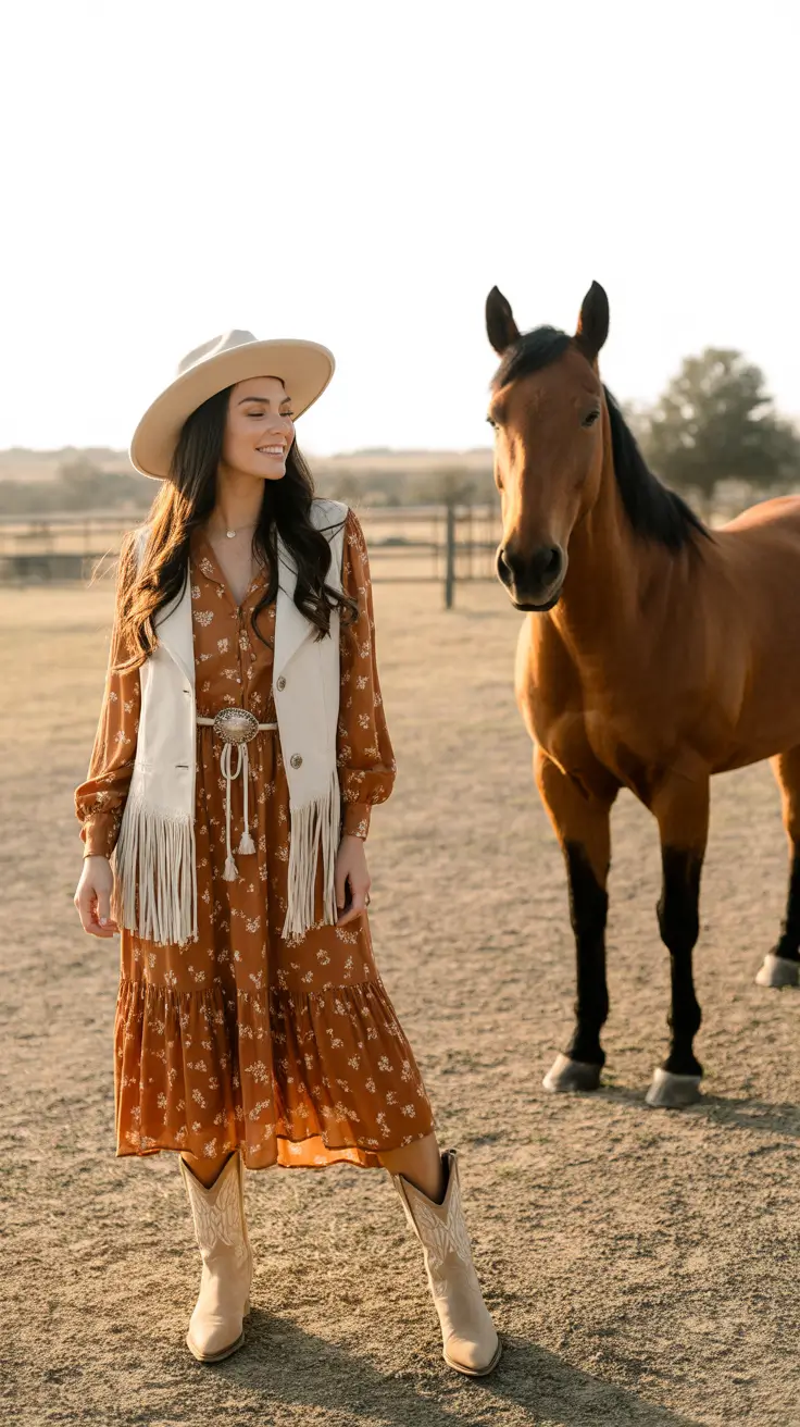 Rodeo Outfits For Women 2026 - Rust Floral Dress With Fringe Vest