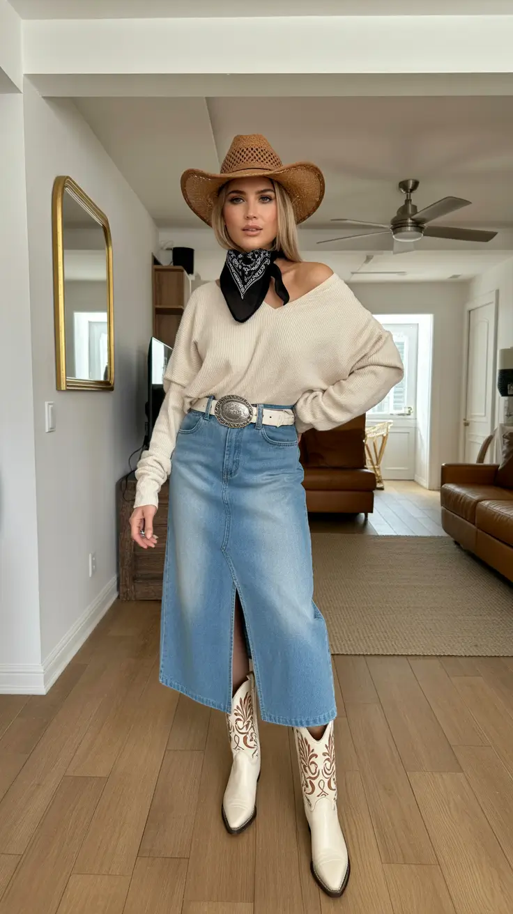 Rodeo Outfits For Women 2026 - Denim Skirt And Slouchy Sweater Home Arena Look