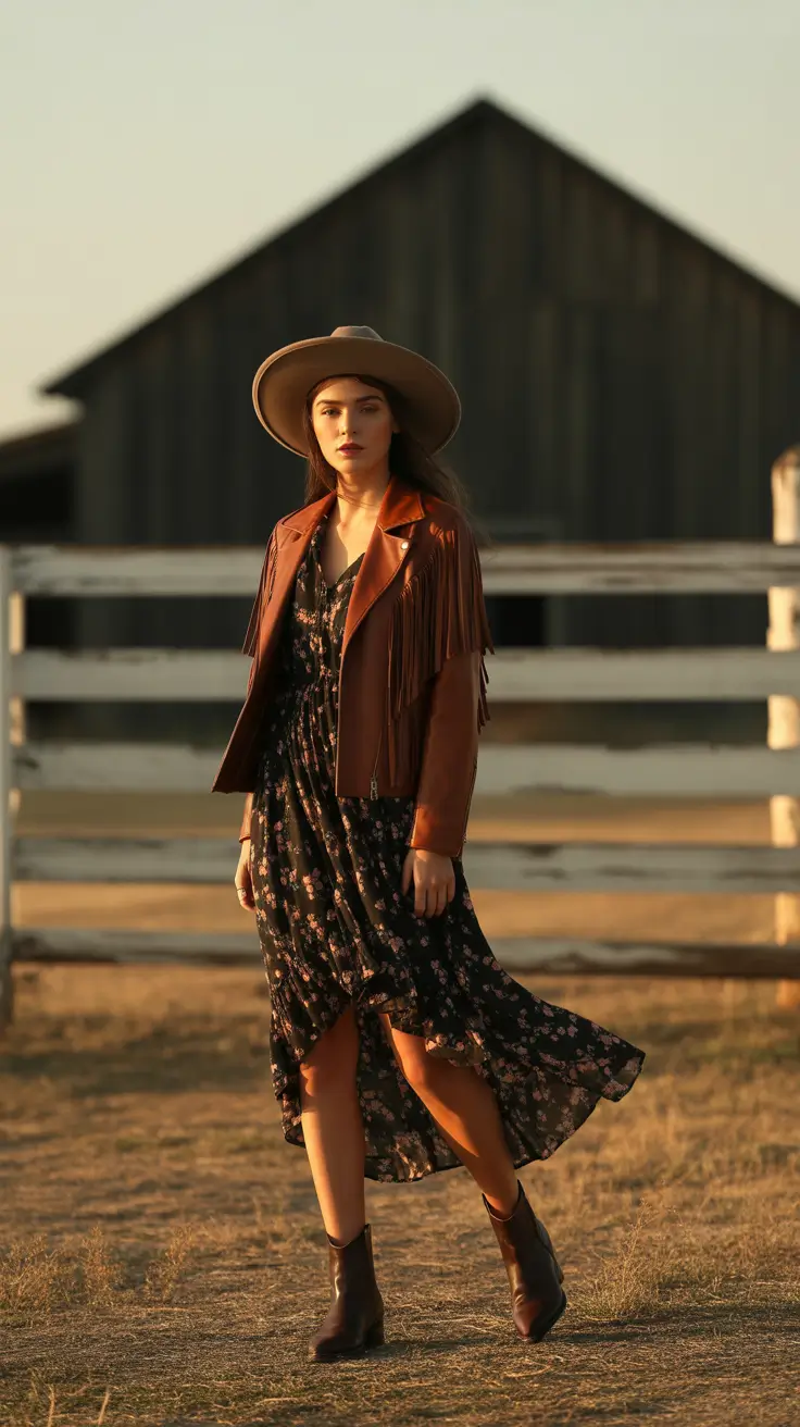 Rodeo Outfits For Women 2026 Floral Dress With Fringe Jacket