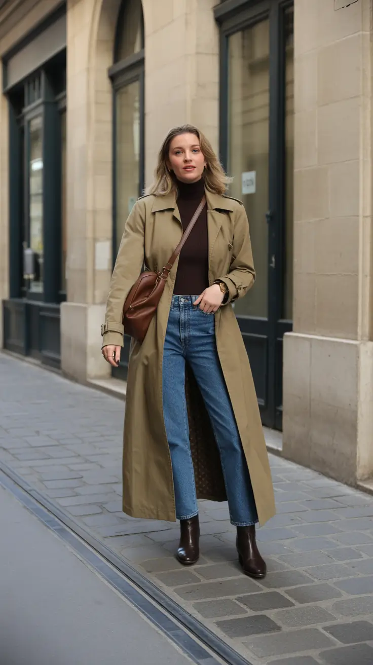 trendy outfits Trench Coat And Denim Street Classic