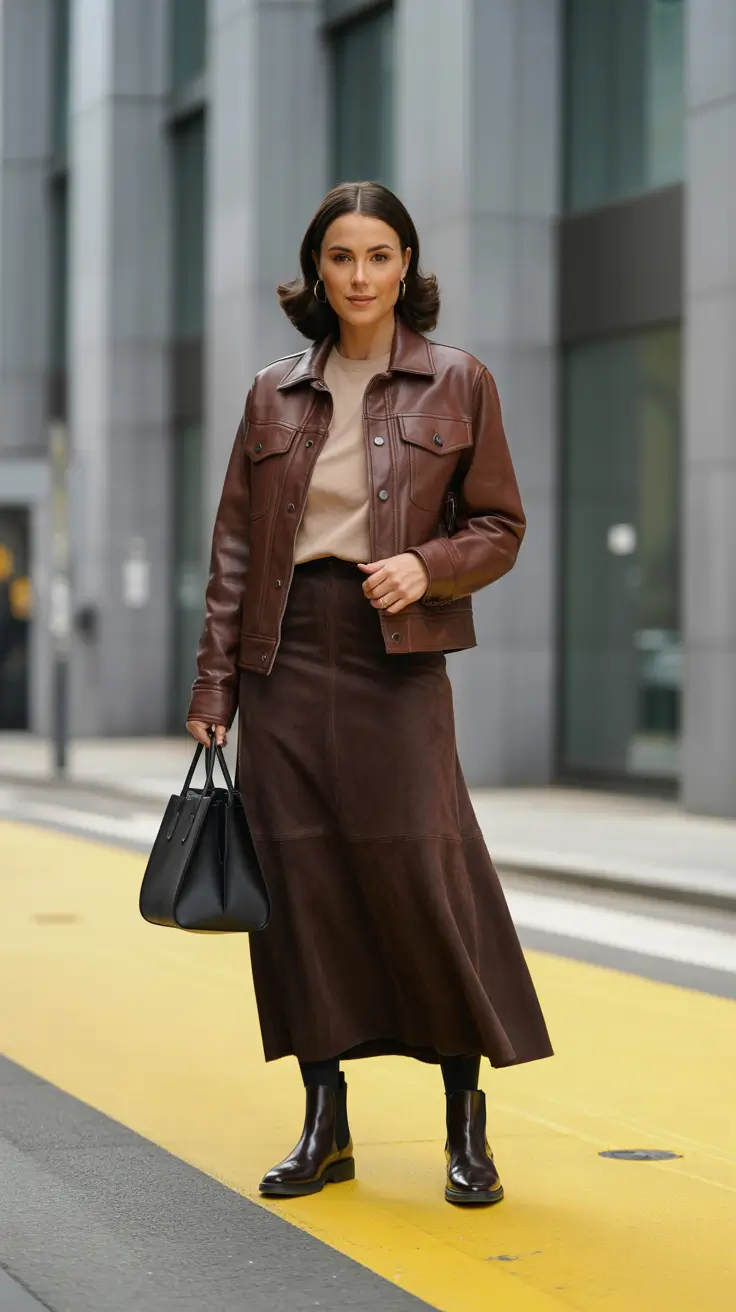 trendy outfits - Chocolate Leather And Midi Skirt Elegance