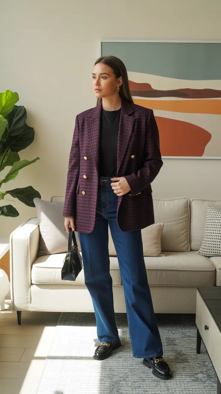 trendy outfits - Checked Blazer And Dark Denim Power Look