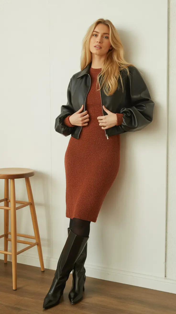 trendy outfits - Rust Knit Dress And Sleek Leather Jacket