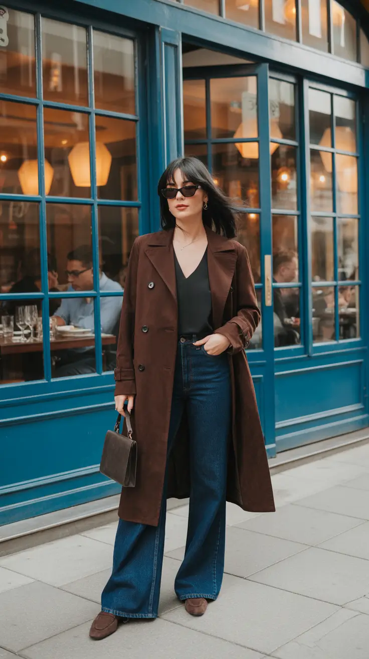 trendy outfits - Rich Chocolate Coat And Wide-Leg Denim