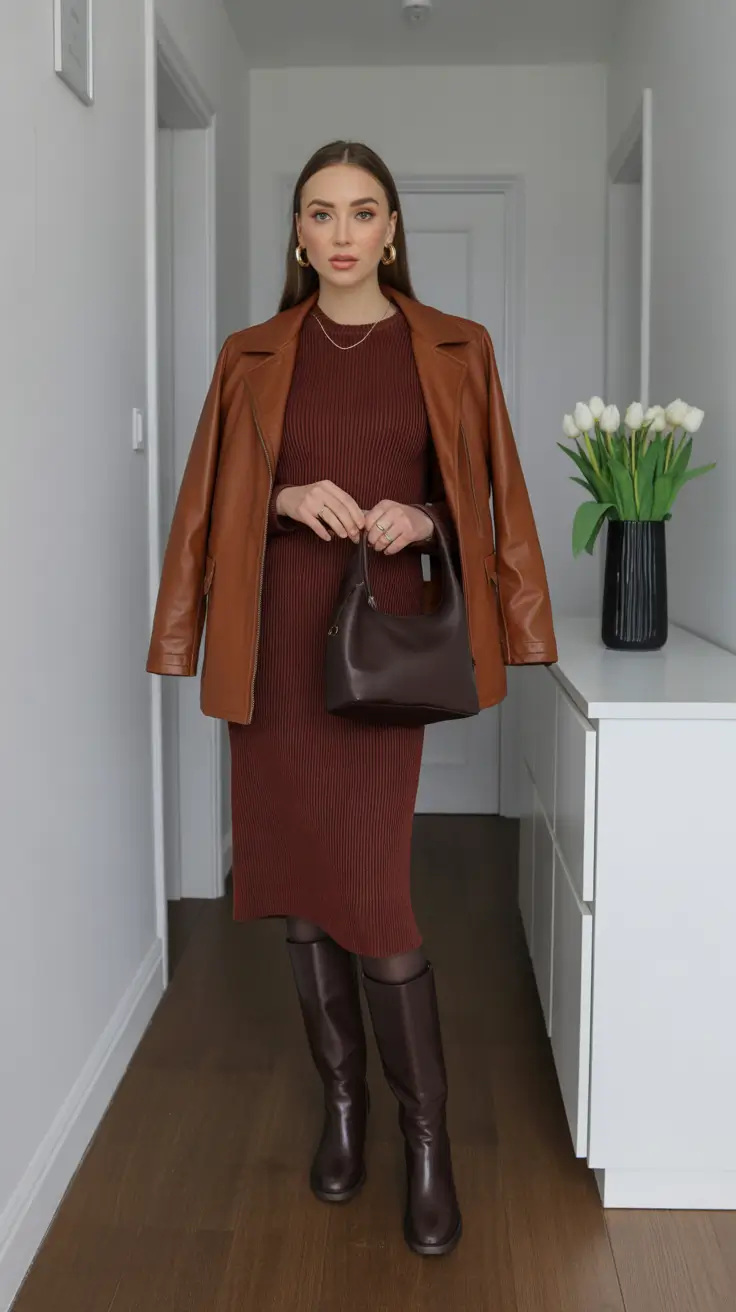 trendy outfits - Monochrome Knit Dress And Leather Layers