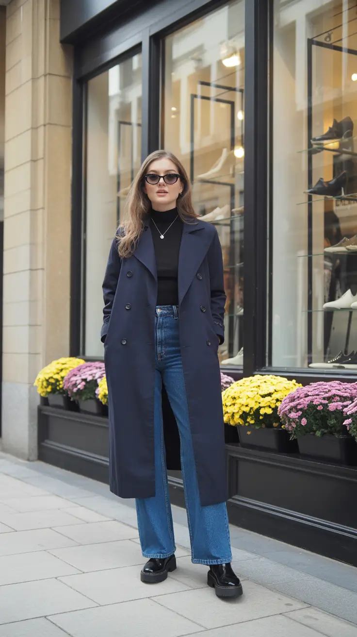 trendy outfits - Navy Trench With Classic Straight Jeans