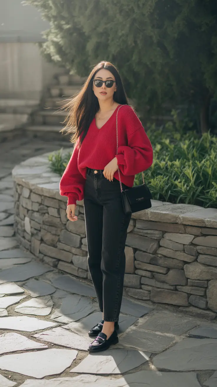 trendy outfits - Red Statement Knit With Dark Denim