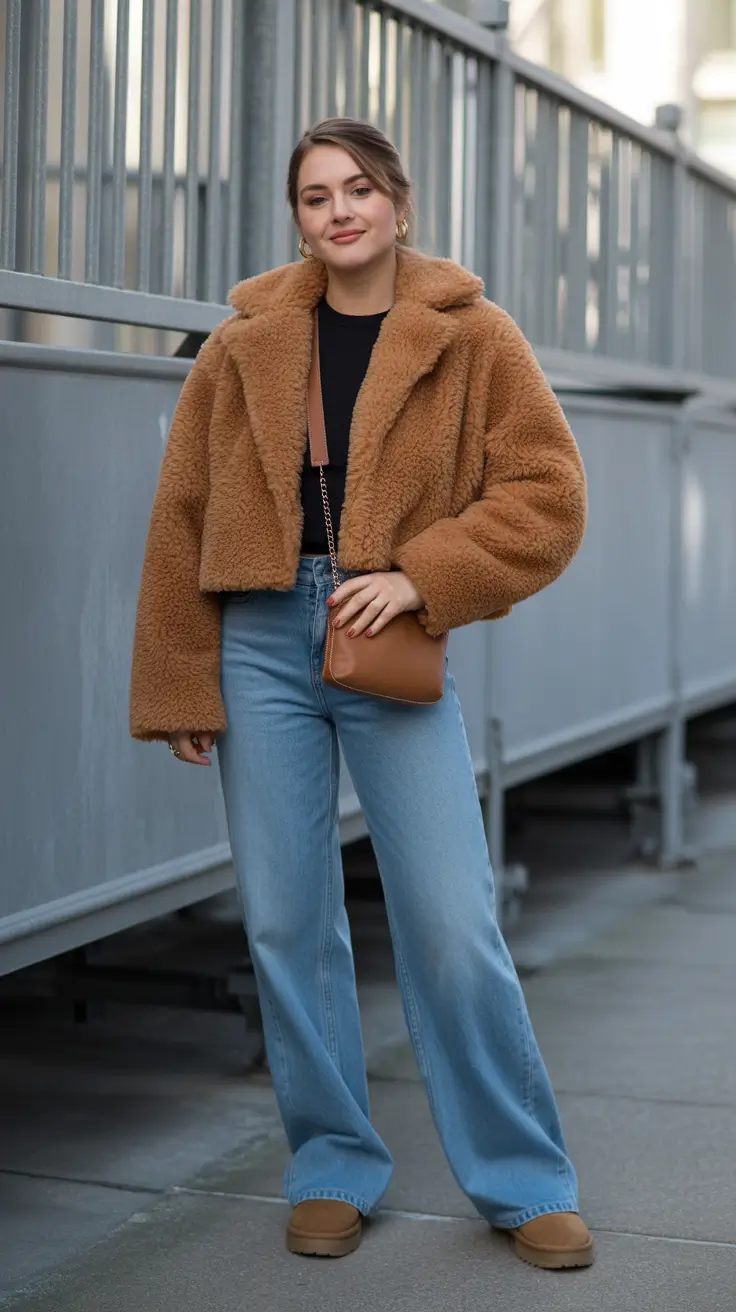 Cute Ugg outfits 2026 - Teddy Crop + Wide-Leg Denim Weekend