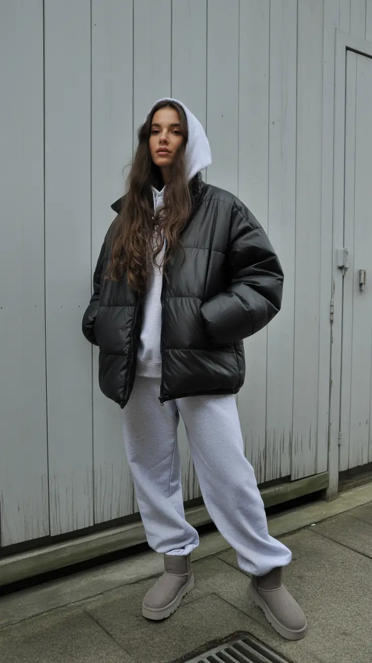 Cute Ugg outfits 2026 - Puffer power with soft grey Uggs