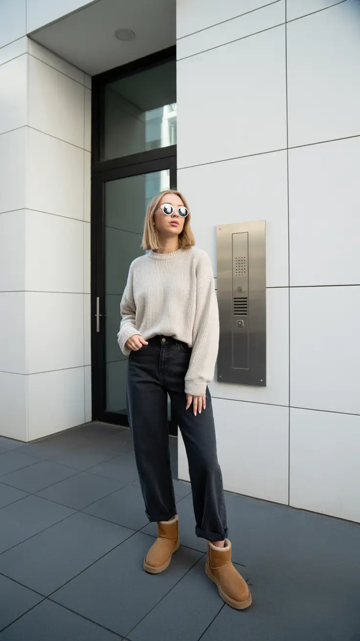 Cute Ugg outfits 2026 - Ribbed Knit With Relaxed Black Denim