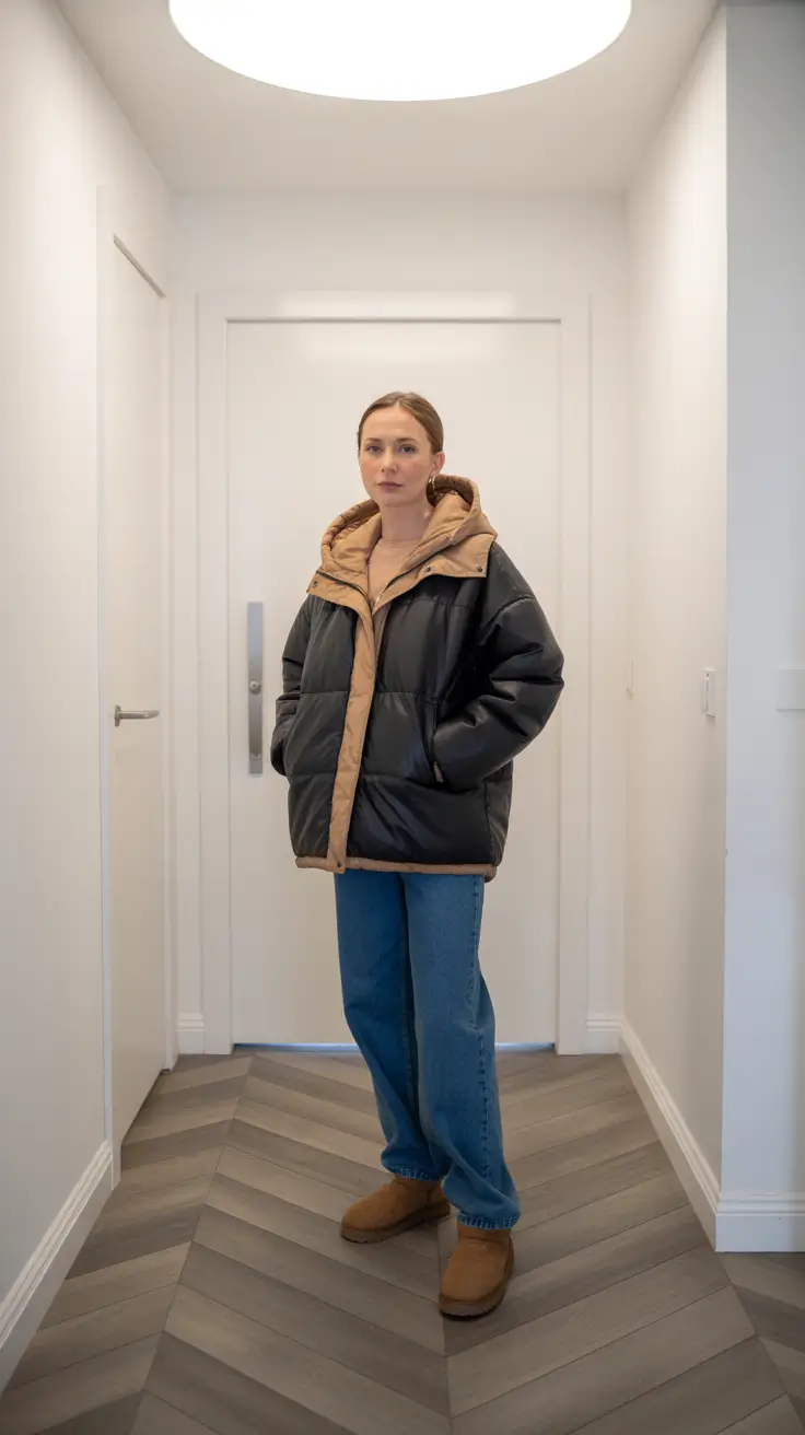 Cute Ugg outfits 2026 - Two-Tone Puffer With Easy Denim