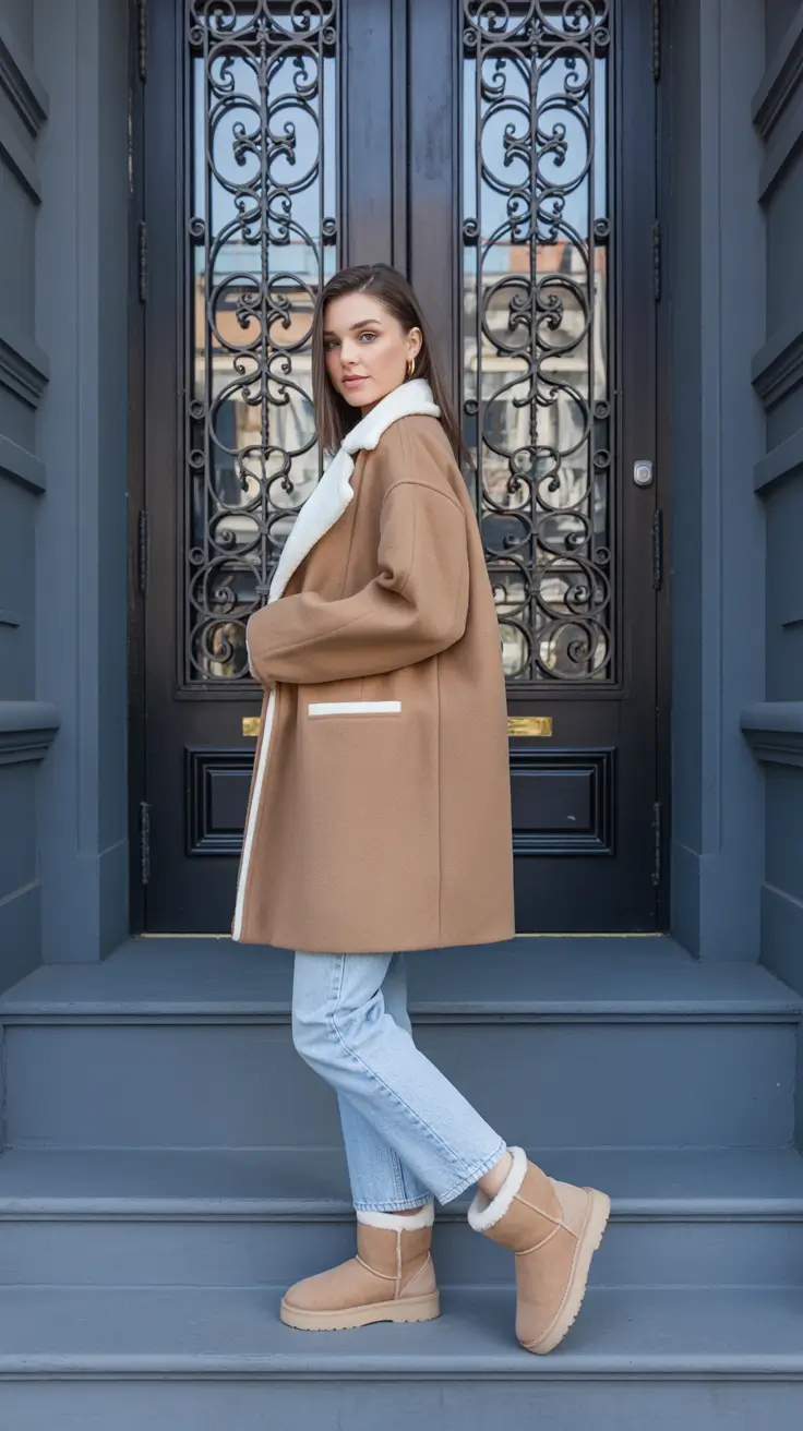 Cute Ugg outfits 2026 - Shearling-trim coat with easy denim