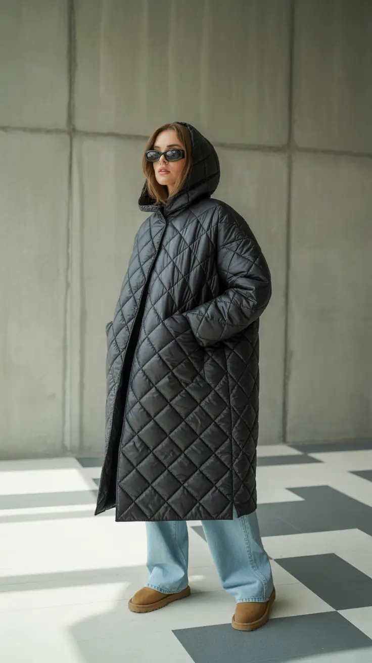 Cute Ugg outfits 2026 - Quilted Maxi Coat + Light Denim Balance