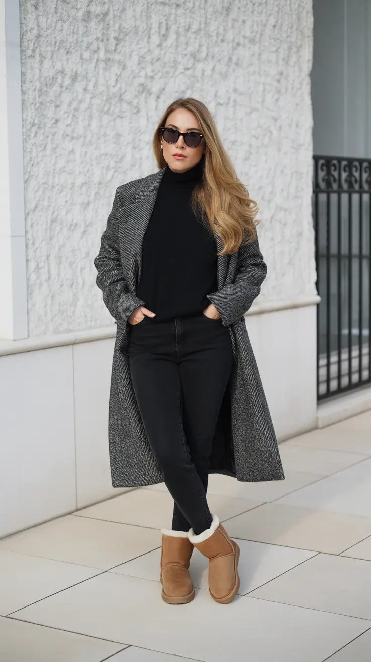 Cute Ugg outfits 2026 - Grey Coat, Black Base, Warm Shearling