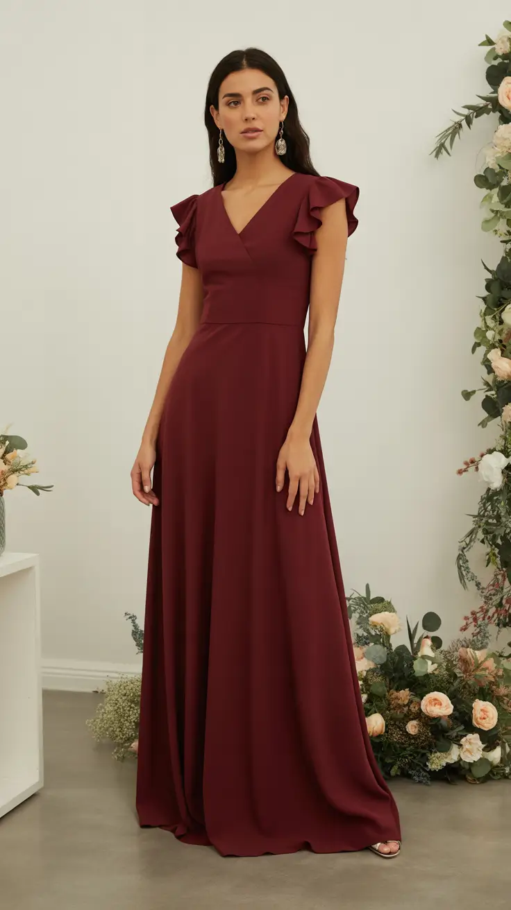 wedding guest outfits ideas 2026 - Merlot Flutter-Sleeve Classic