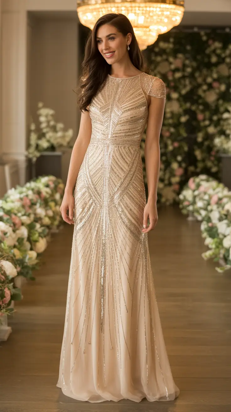 wedding guest outfits ideas 2026 - Champagne Beaded Column For Gala-Style Receptions