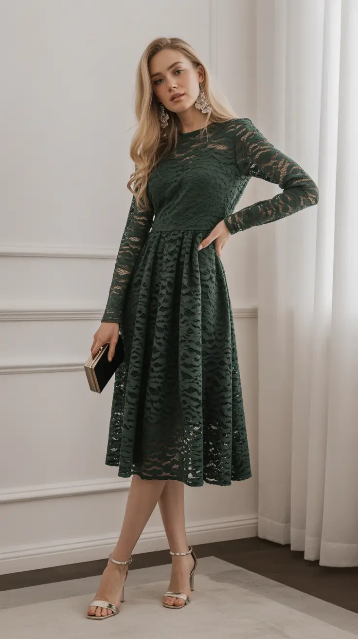 wedding guest outfits ideas 2026 - Emerald Lace Midi With Modern Sparkle