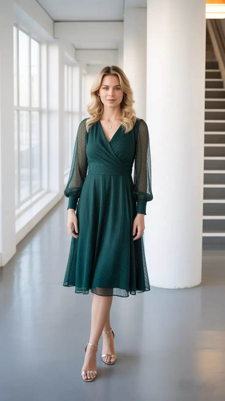 wedding guest outfits ideas 2026 - Sheer-Sleeve Wrap Midi In Deep Teal