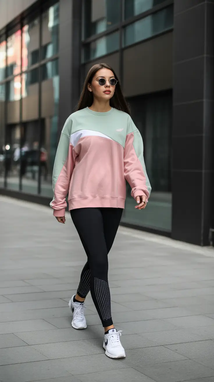 Trendy women workout outfits 2026 - Pastel block sweatshirt with precision leggings