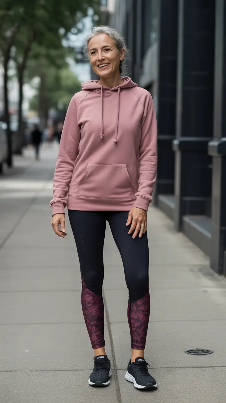 Trendy women workout outfits 2026 - Rose Hoodie and Pattern-Panel Leggings