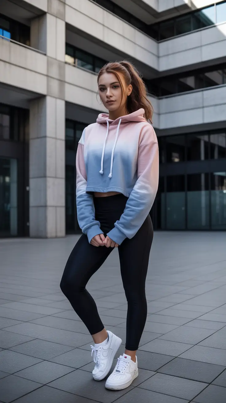 Trendy women workout outfits 2026 - Ombre crop hoodie with jet leggings and court sneakers