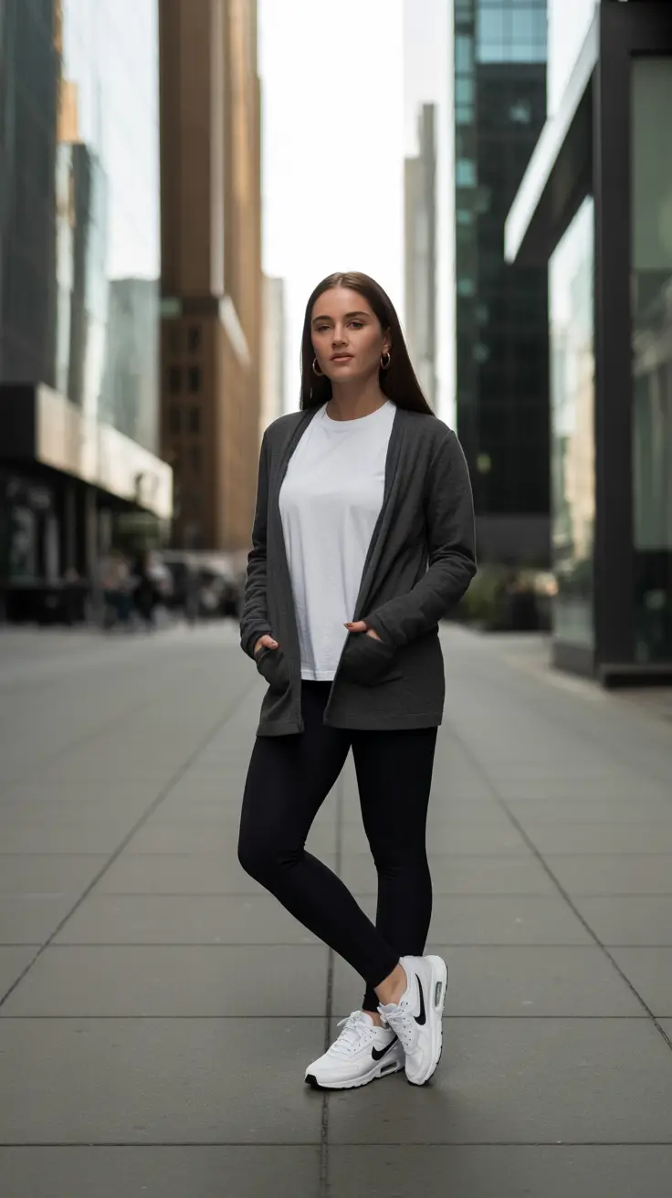 Trendy women workout outfits 2026 - City-cardigan layers with tee, leggings, and max-cushion sneakers