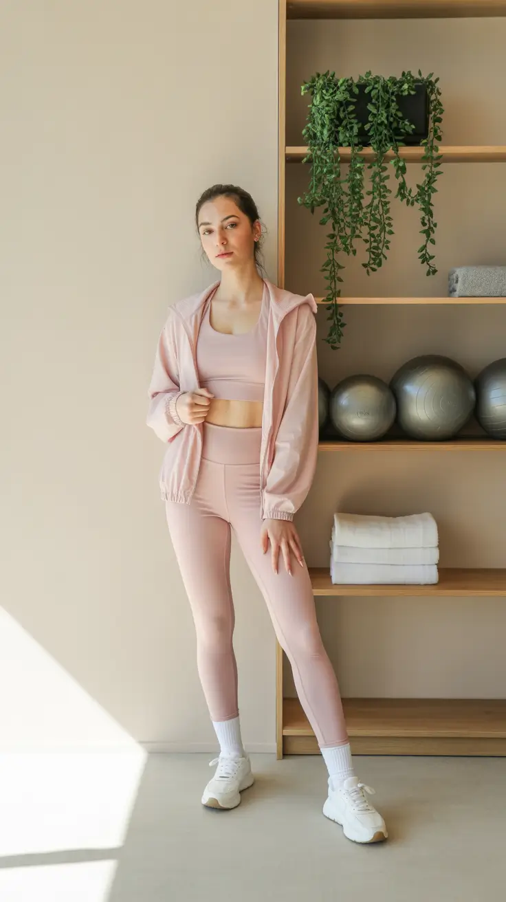 Trendy women workout outfits 2026 - Monochrome blush set with featherweight windbreaker