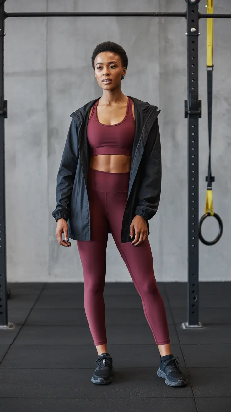Trendy women workout outfits 2026 - Burgundy Power Match With Shell