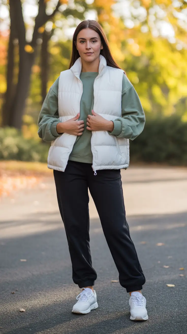 Trendy women workout outfits 2026 - Puffer vest comfort for cool morning jogs